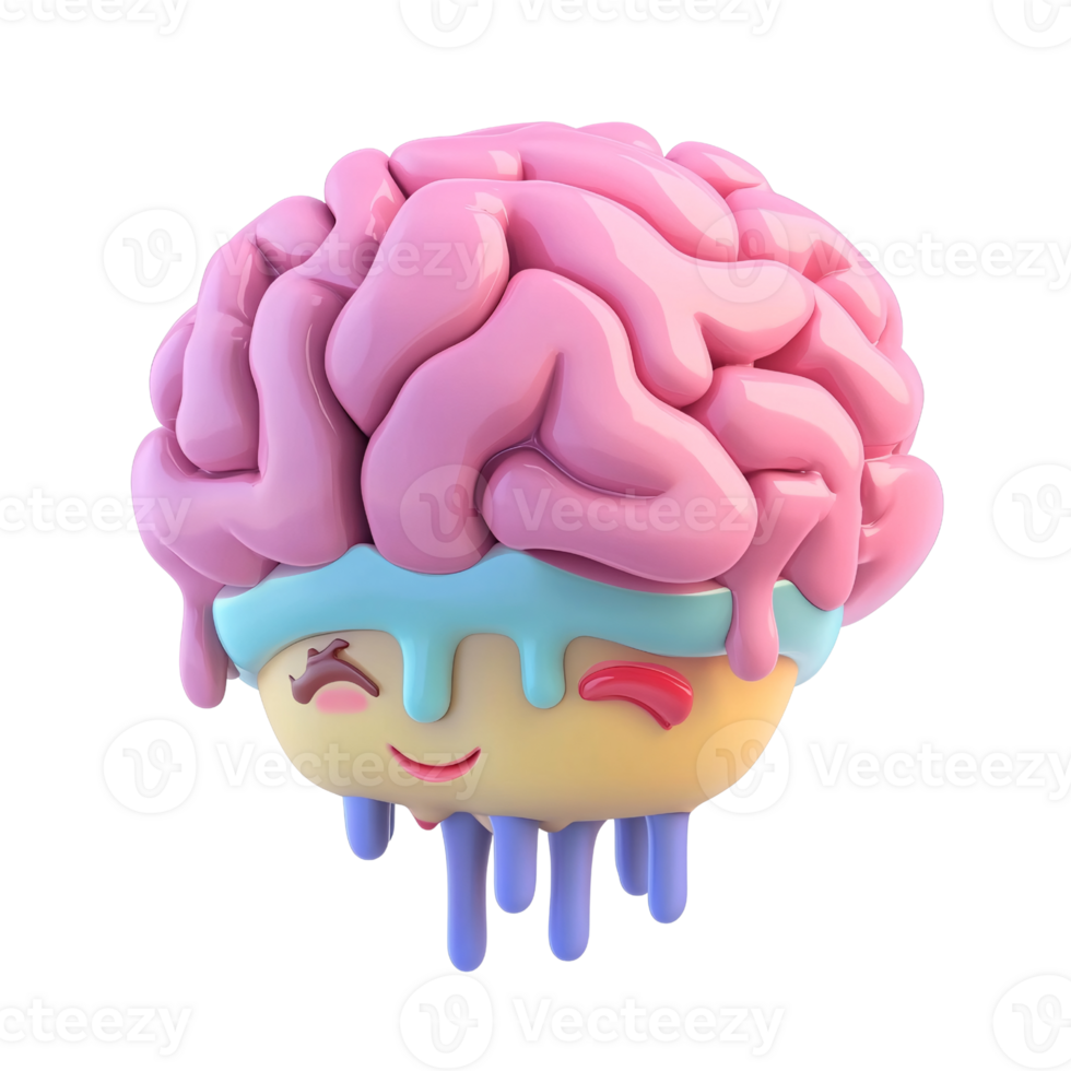 Playful pink brain character with winking face and dripping glaze on a transparent background Concept of creative thinking, intelligence, and mental health png