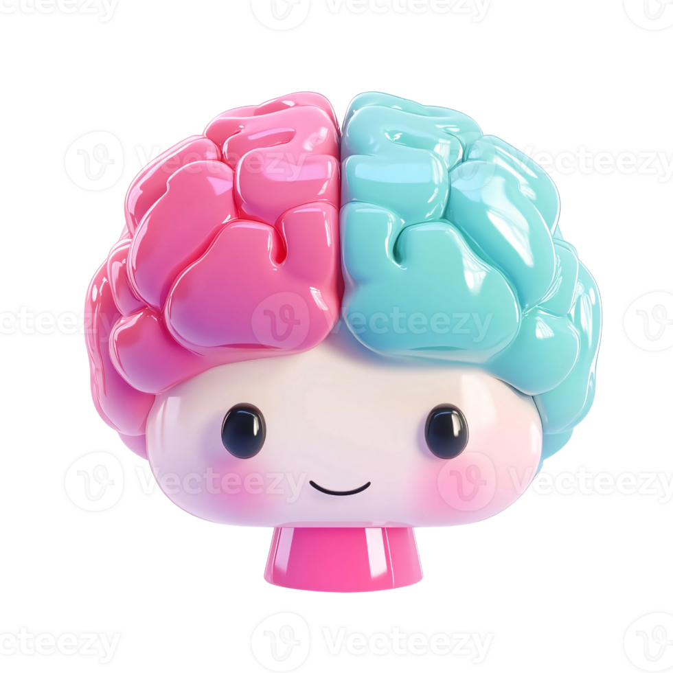 Cute cartoon brain character with pink and blue hemispheres on a transparent background Concept of mental health, creativity, and learning png
