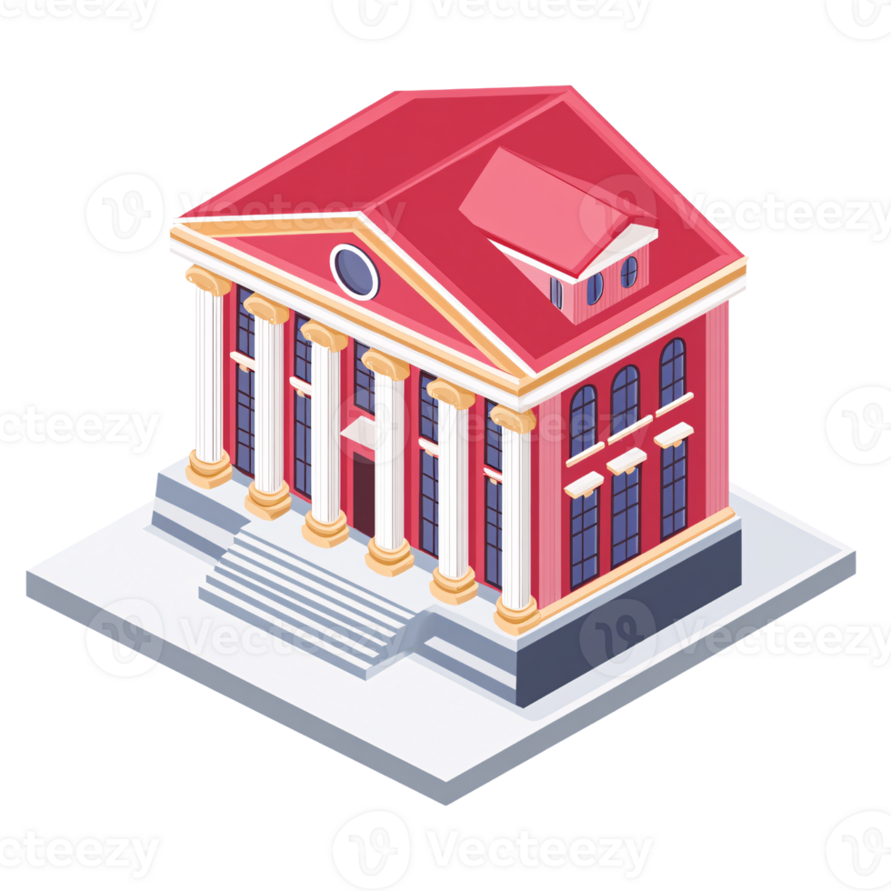 Isometric illustration of a classical courthouse building with columns and red roof, representing government, law, and education png