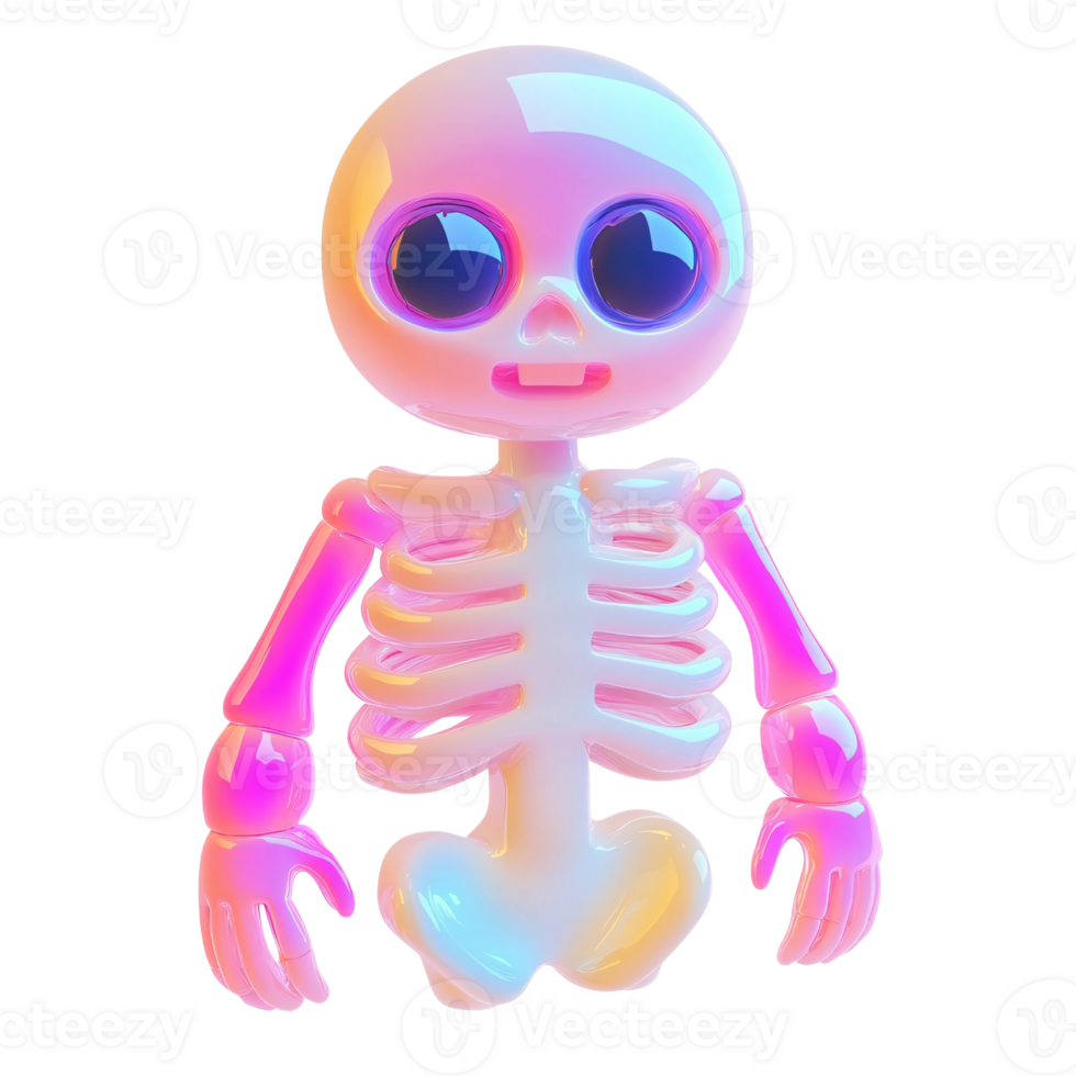 Cute iridescent skeleton character on a transparent background Playful Halloween illustration of a glossy, colorful bone figure with big eyes Concept of spooky, fun, and fantasy png