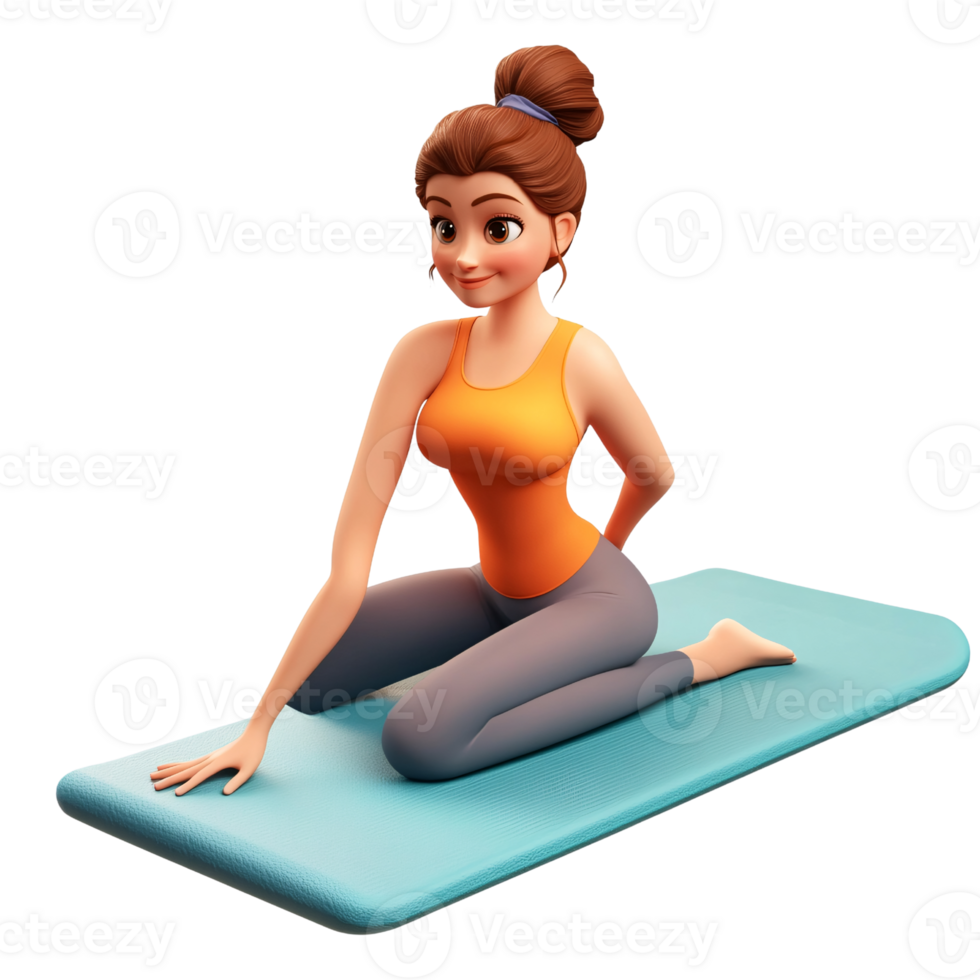 Cartoon woman practicing yoga on a mat, stretching her body in a fitness exercise for wellness and healthy lifestyle on a transparent background png
