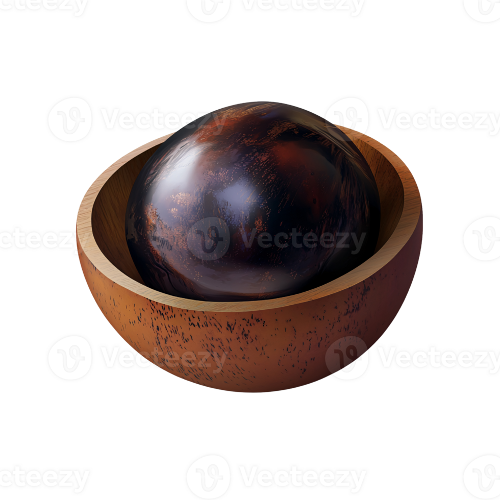 Abstract sphere with dark brown texture inside a wooden bowl on a transparent background Concept of minimalist design, decorative object, and modern art png
