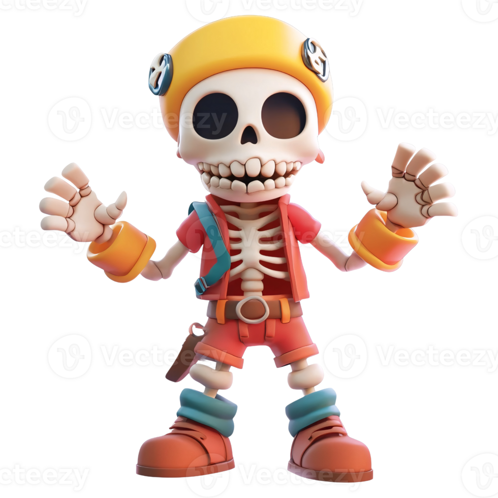 Cartoon skeleton character wearing construction helmet with open arms on transparent background Concept of Halloween, fantasy, and animation png