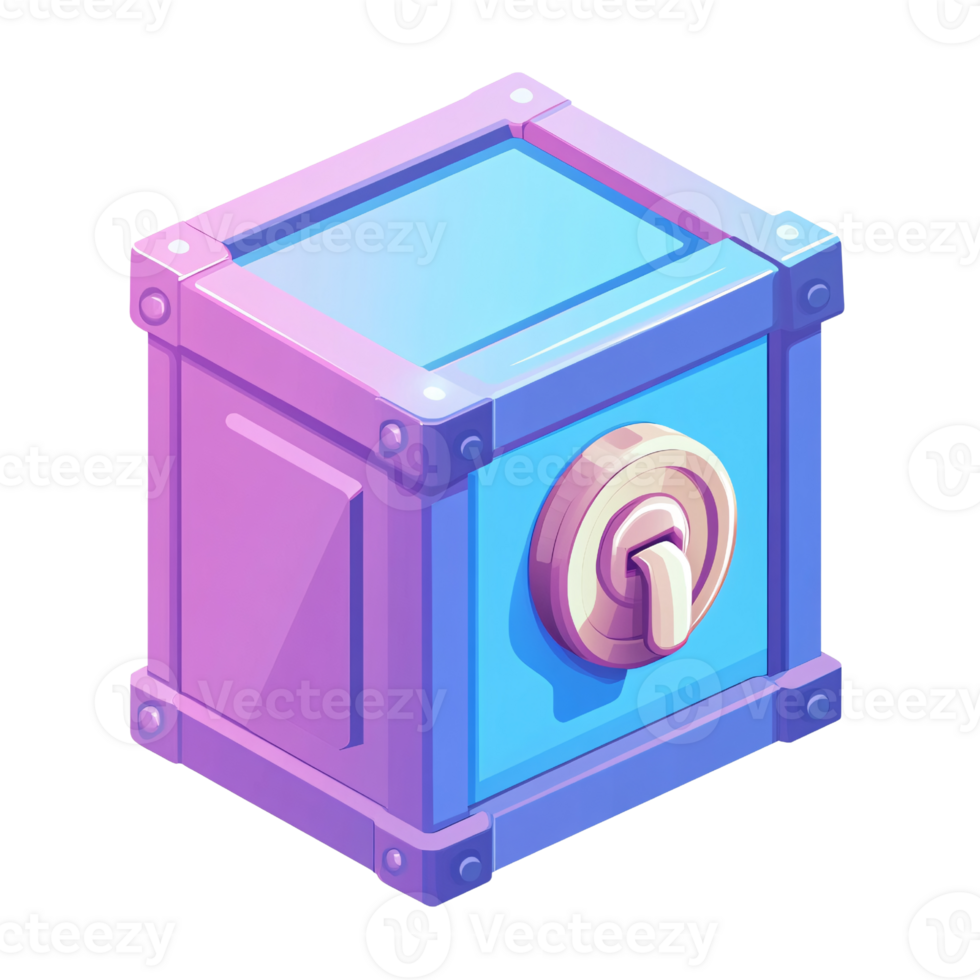 Isometric cartoon treasure chest with golden lock on transparent background Concept of game asset, reward, and mystery box png