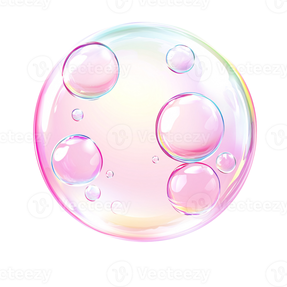 Iridescent soap bubble with smaller bubbles inside on a transparent background Concept of fragility, purity, and childhood dreams png