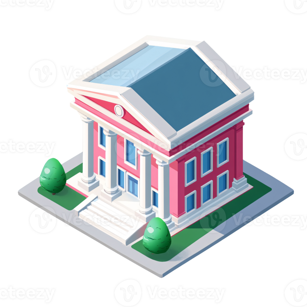 Isometric pink courthouse building with white columns and blue windows, representing government, justice, and civic architecture on a transparent background png