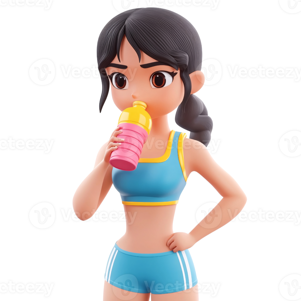 3D rendering of a sporty young woman drinking water from a bottle after workout for hydration and fitness concept on a transparent background png