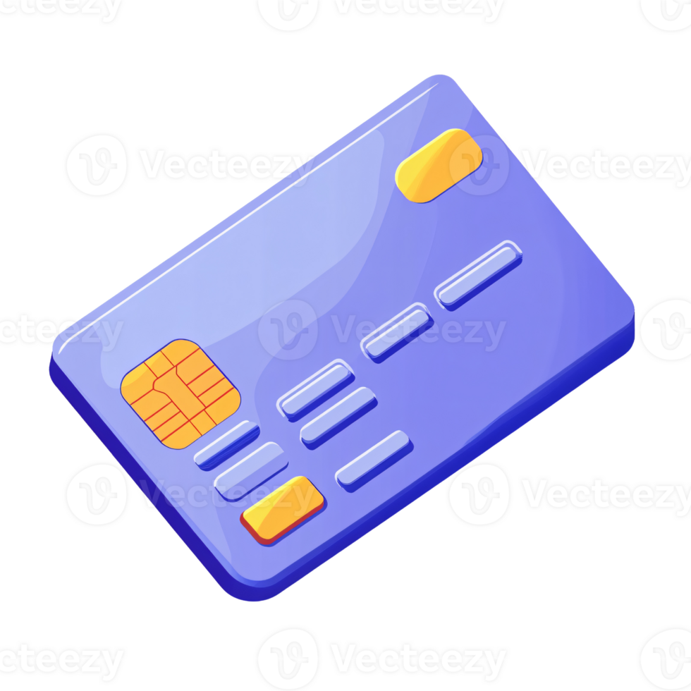 Isometric blue credit card with chip on transparent background Concept of online payment, banking, finance, shopping, and cashless transactions png