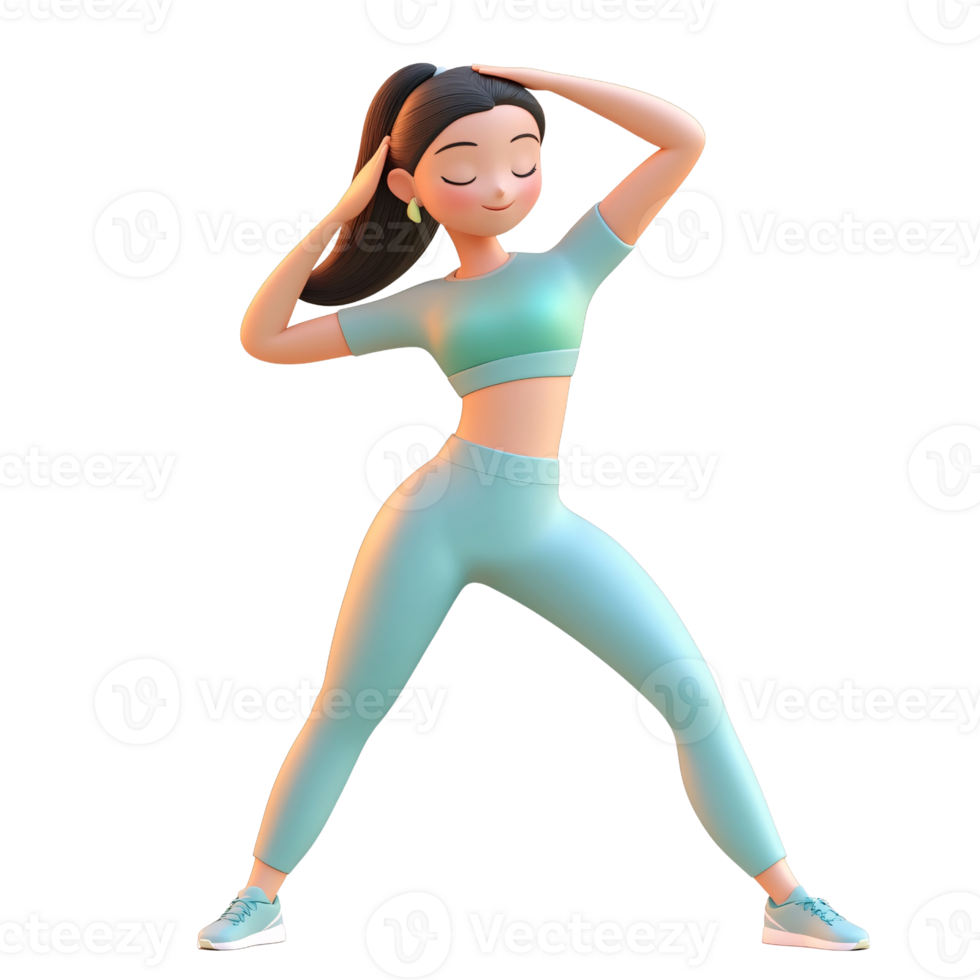Animated woman in sportswear stretching arms overhead, warming up before workout Concept of fitness, exercise, and healthy lifestyle on a transparent background png