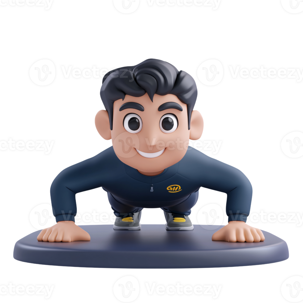 Cartoon man doing pushups on a platform with a smile, showcasing fitness and exercise routine in a 3D rendering on a transparent background png
