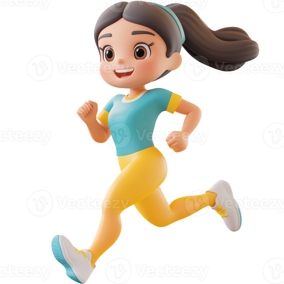 Animated girl character running with a smile on a transparent background Concept of fitness, health, and exercise for a healthy lifestyle png
