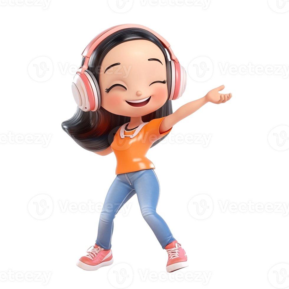 Cheerful cartoon girl with headphones listening to music and dancing with joy on a transparent background Concept of happiness, entertainment, and childhood png