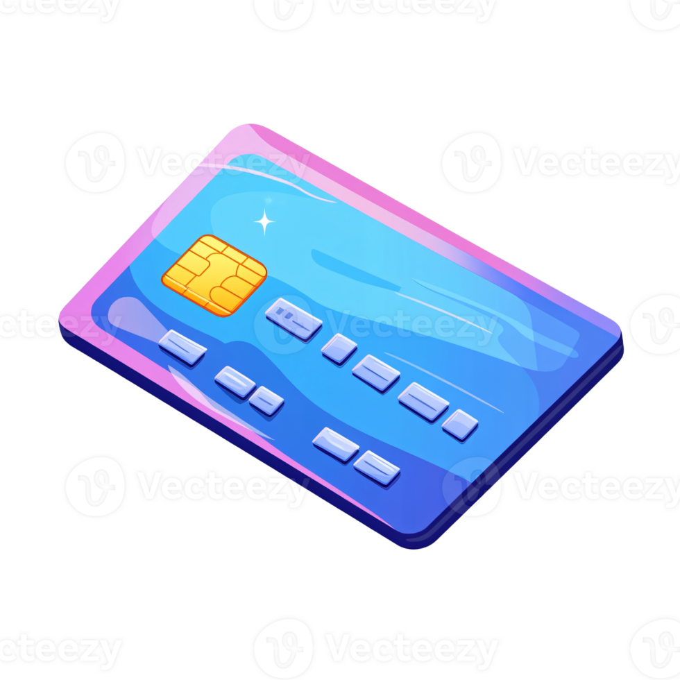 Cartoon style blue credit card with chip on transparent background Concept of online payment, finance, and banking png