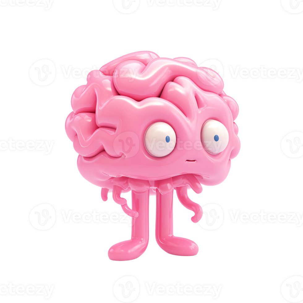 Pink brain character with big eyes standing on legs on a transparent background Concept of mental health, creativity, and artificial intelligence png