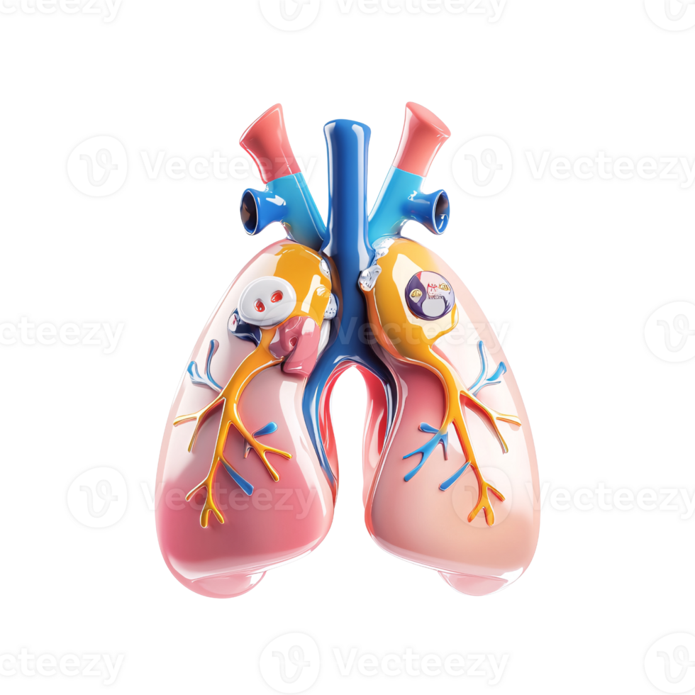 Anatomical 3D rendering of human lungs with bronchi and trachea on a transparent background Concept of respiratory system, pulmonary health, and medical illustration png