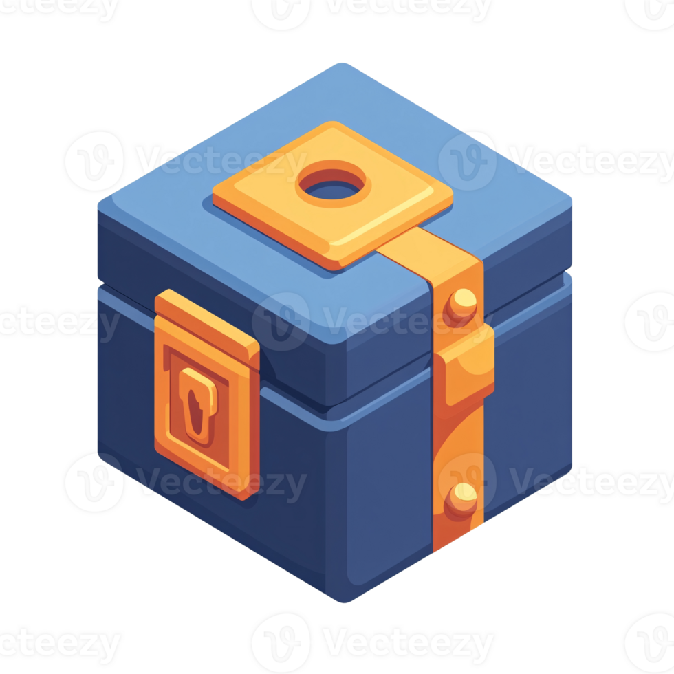 Isometric blue treasure chest with golden lock and strap, cartoon style illustration for game asset or reward concept on transparent background png
