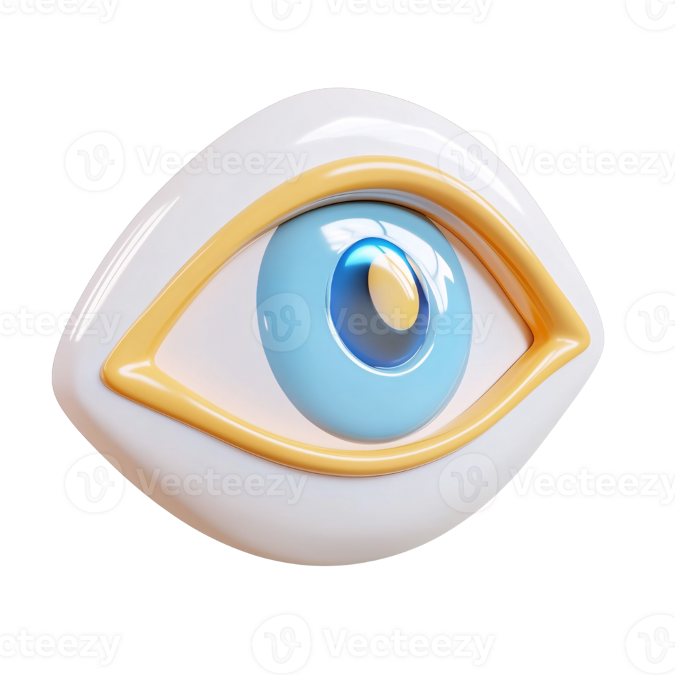 3D rendering of a stylized blue eye with white and yellow accents on a transparent background Concept of vision, perception, and artificial intelligence png