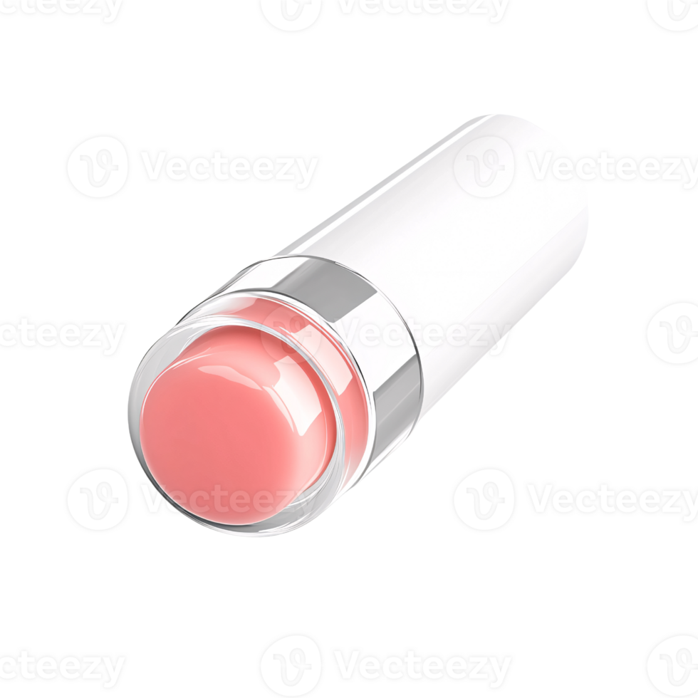 Closeup of a moisturizing coral lip balm stick in a white and silver tube on a transparent background Concept of beauty, skincare, and cosmetics png
