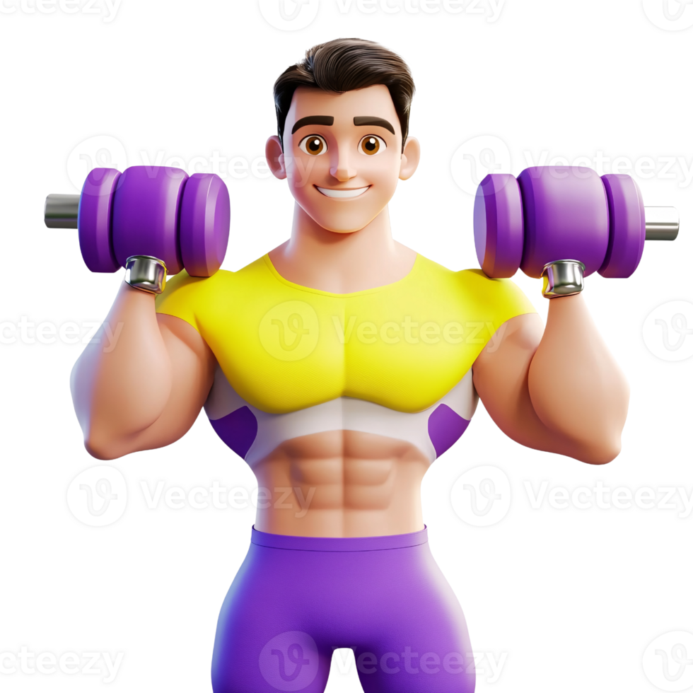 Smiling muscular man lifting dumbbells in gym, cartoon style 3D rendering on transparent background Concept of fitness, exercise, and healthy lifestyle png