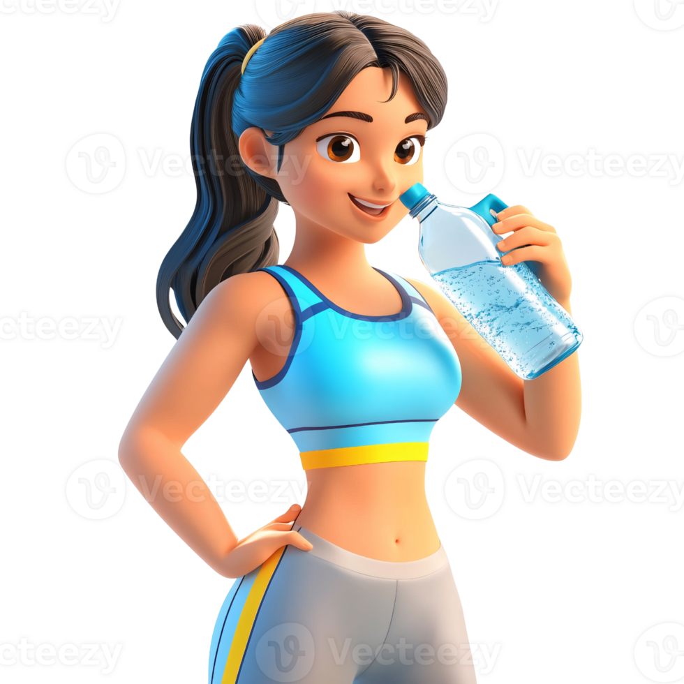Animated young woman in sportswear drinking water from bottle after workout for hydration and healthy lifestyle concept png
