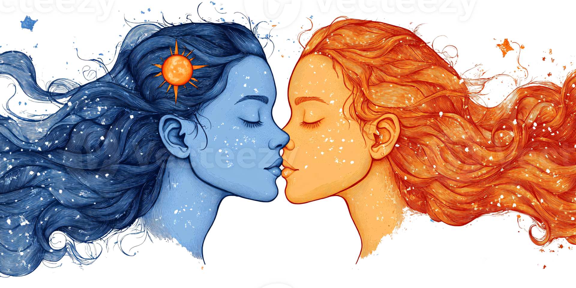 Artistic illustration of two women kissing, one representing the sun and the other the moon, symbolizing duality, balance, and celestial love png