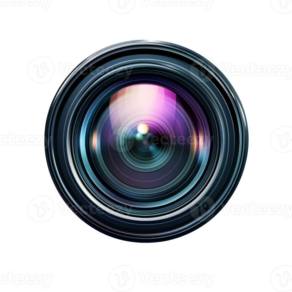 Professional camera lens with intricate details and colorful reflections on a transparent background, showcasing optical technology and photographic equipment png