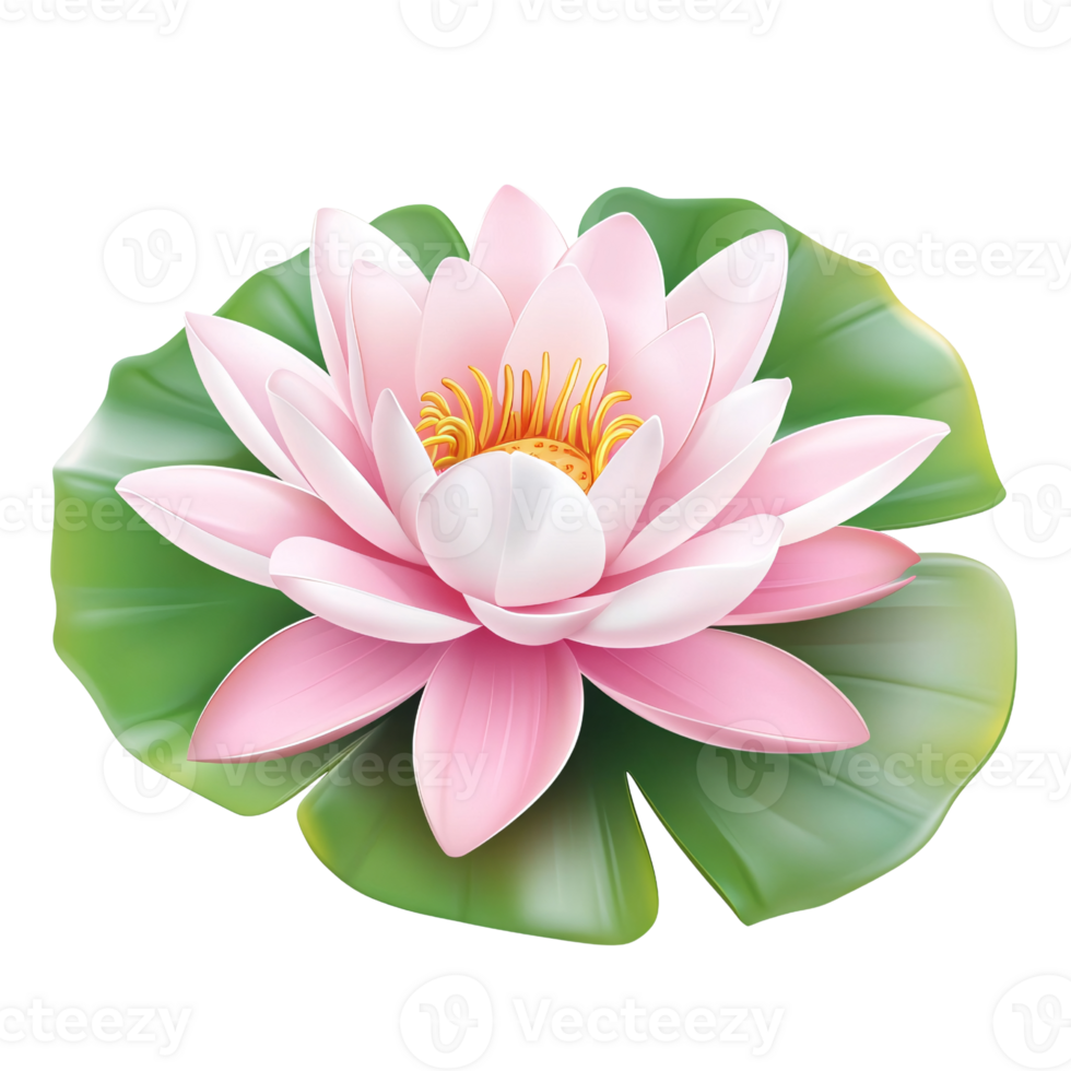 Elegant pink water lily flower with green leaves on a transparent background Concept of purity, serenity, and spiritual awakening png
