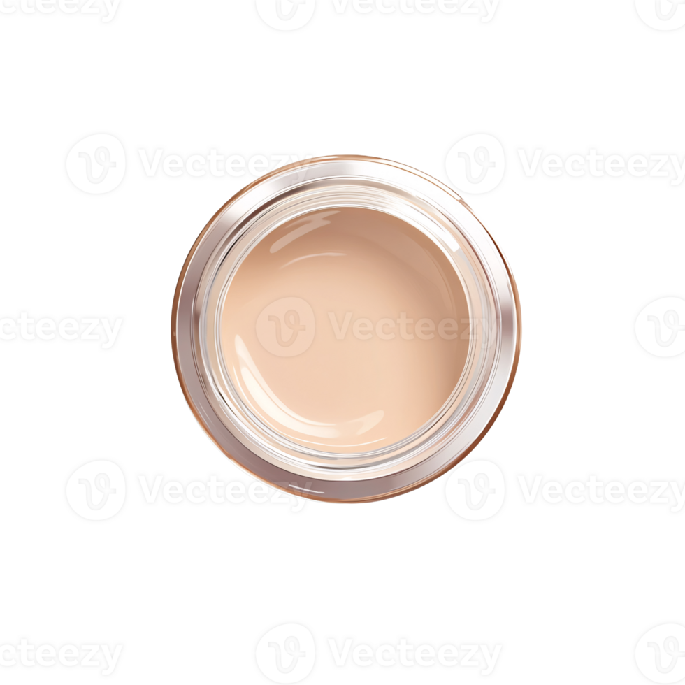 Top view of beige concealer cream in a clear glass jar on a transparent background Concept of beauty, makeup, cosmetics, and skincare png