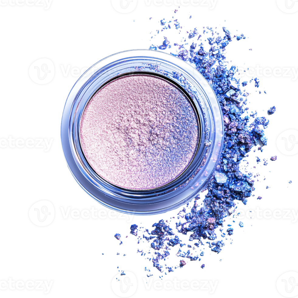 Iridescent eyeshadow in a clear container with scattered pigment on a black background Concept of beauty, makeup, cosmetics, and vibrant color png