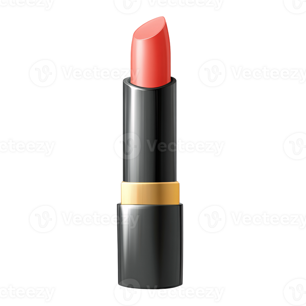 Elegant coral lipstick in black and gold tube on a transparent background Concept of beauty, makeup, cosmetics, and glamour png