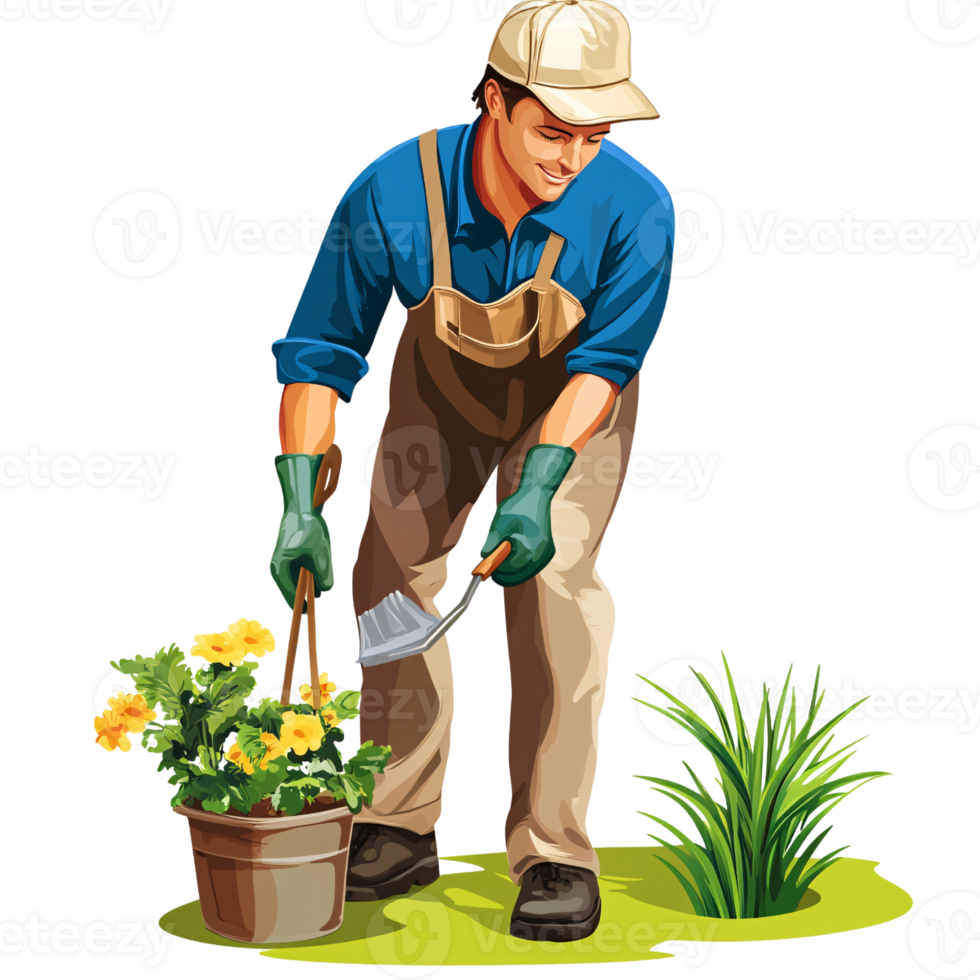 Smiling Caucasian man gardening yellow flowers in pot with trowel on a sunny day Concept of landscaping, horticulture, and outdoor lifestyle png