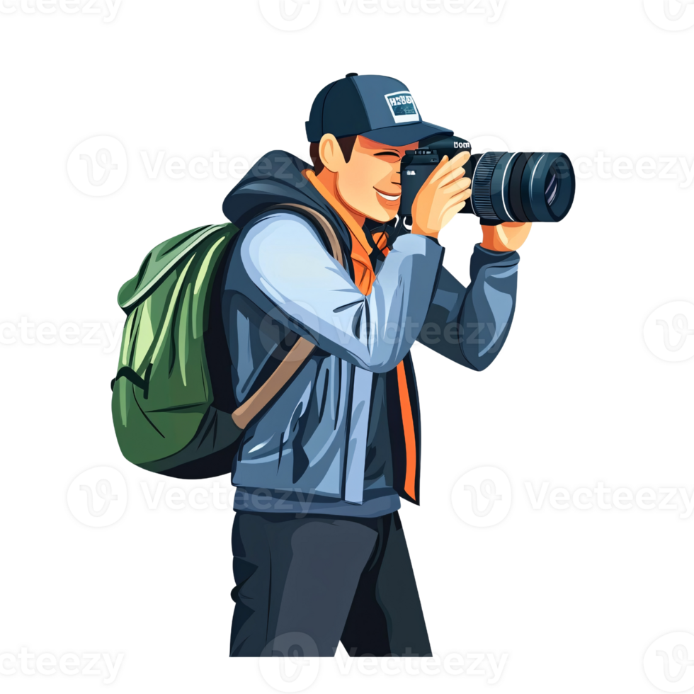Smiling young adult man photographer with backpack taking photo outdoors, capturing travel memories with professional camera Concept of adventure, hobby, and photography png