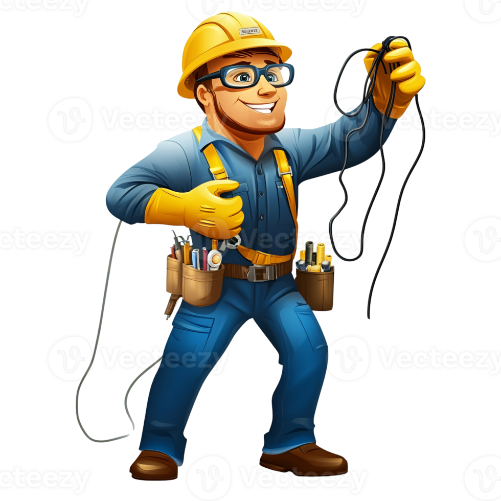 Smiling Caucasian man electrician cartoon character in uniform holding electrical wire Concept of electrical work, repair service, and professional maintenance png
