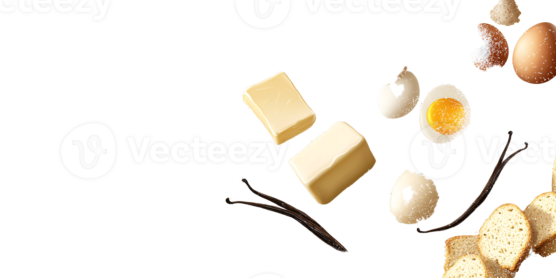 Ingredients for French Toast Recipe on a Transparent Background Featuring Butter, Eggs, Vanilla Beans, and Bread Concept of Breakfast, Cooking, and Delicious Food png