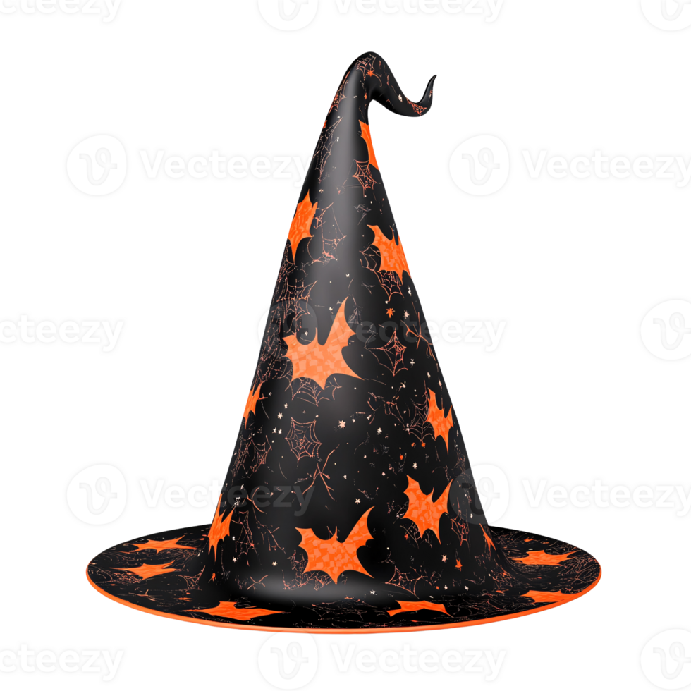 Spooky black witch hat with orange bats and spiderwebs on a transparent background Concept of Halloween costume, party decoration, and magical holiday celebration png