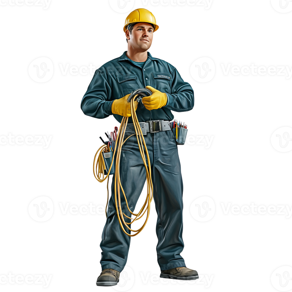 Caucasian man electrician in workwear holding electrical cables, wearing yellow hardhat and gloves on a transparent background Concept of electrical work, safety, and skilled labor png