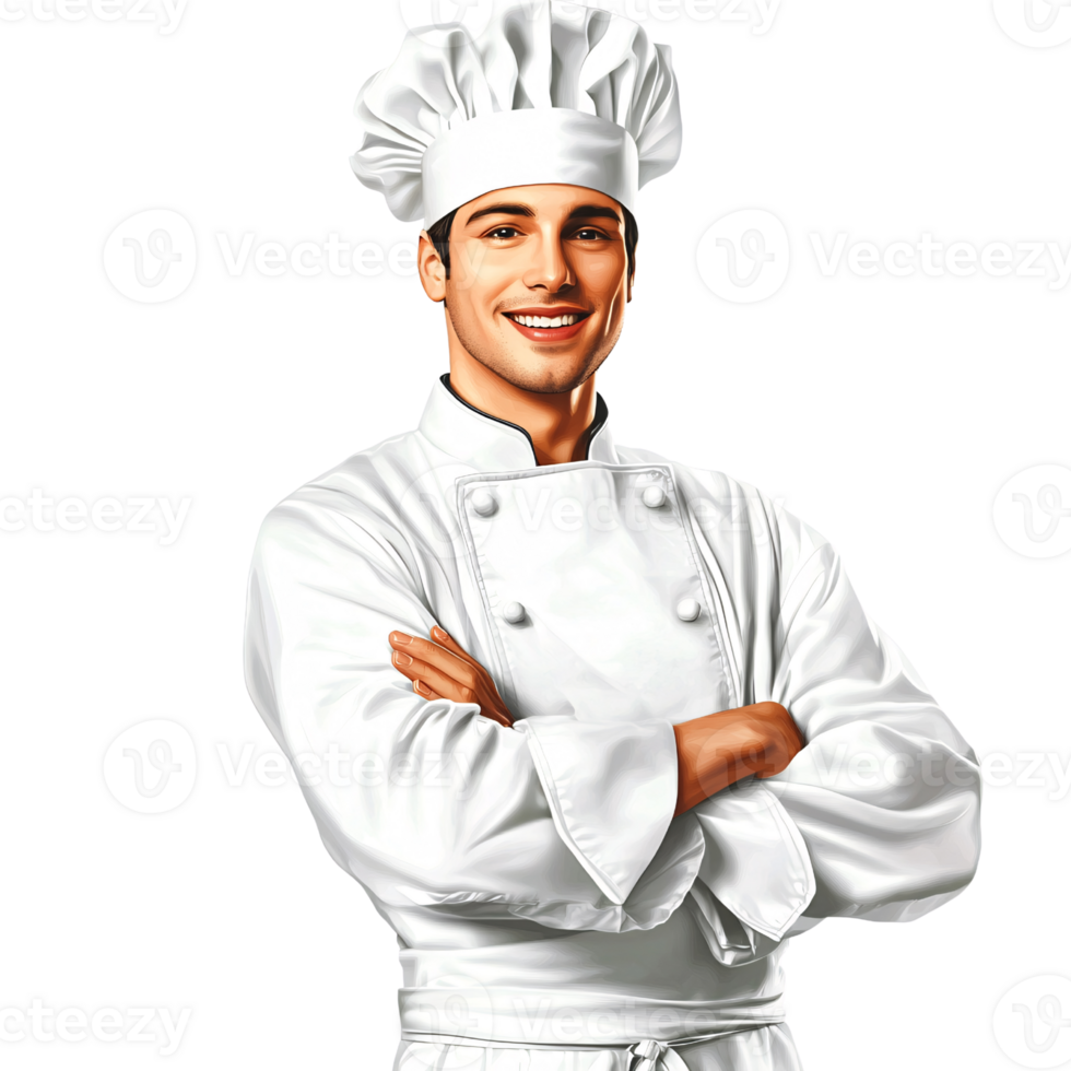 Confident smiling Caucasian male chef in white uniform with arms crossed on transparent background Concept of culinary expertise, professionalism, and restaurant industry png