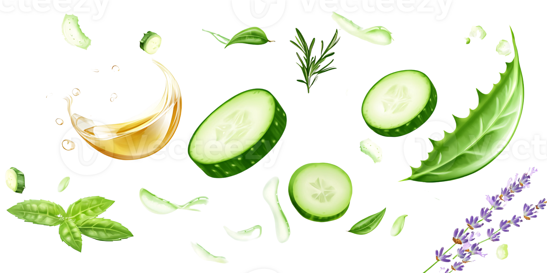 Fresh cucumber slices, aloe vera, basil, rosemary, lavender and oil splash on a transparent background Concept of natural cosmetics, skincare, and aromatherapy png