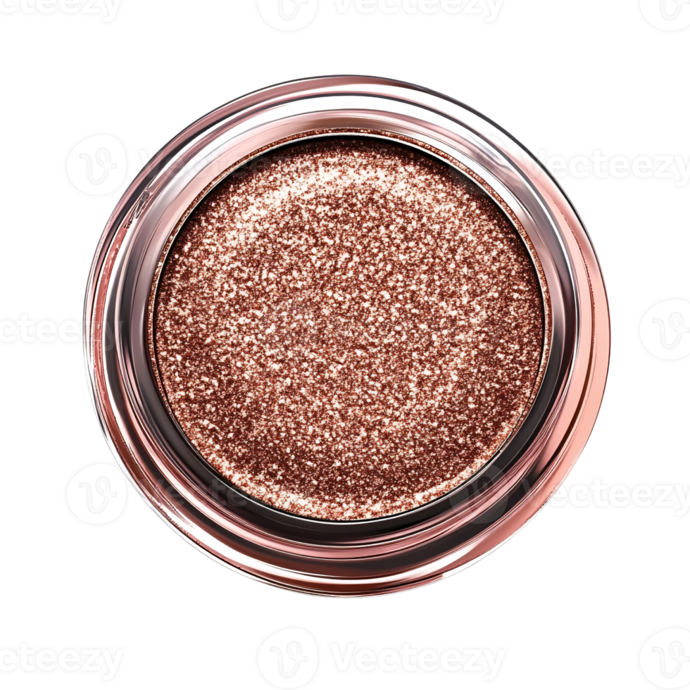 Sparkling rose gold glitter eyeshadow in a clear container on a transparent background Concept of beauty, makeup, cosmetics, glamour, and luxury png