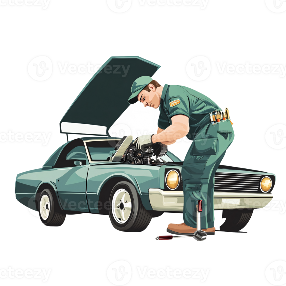 Caucasian adult mechanic in green uniform repairing car engine with hood open Concept of automotive maintenance, vehicle service, and skilled labor png