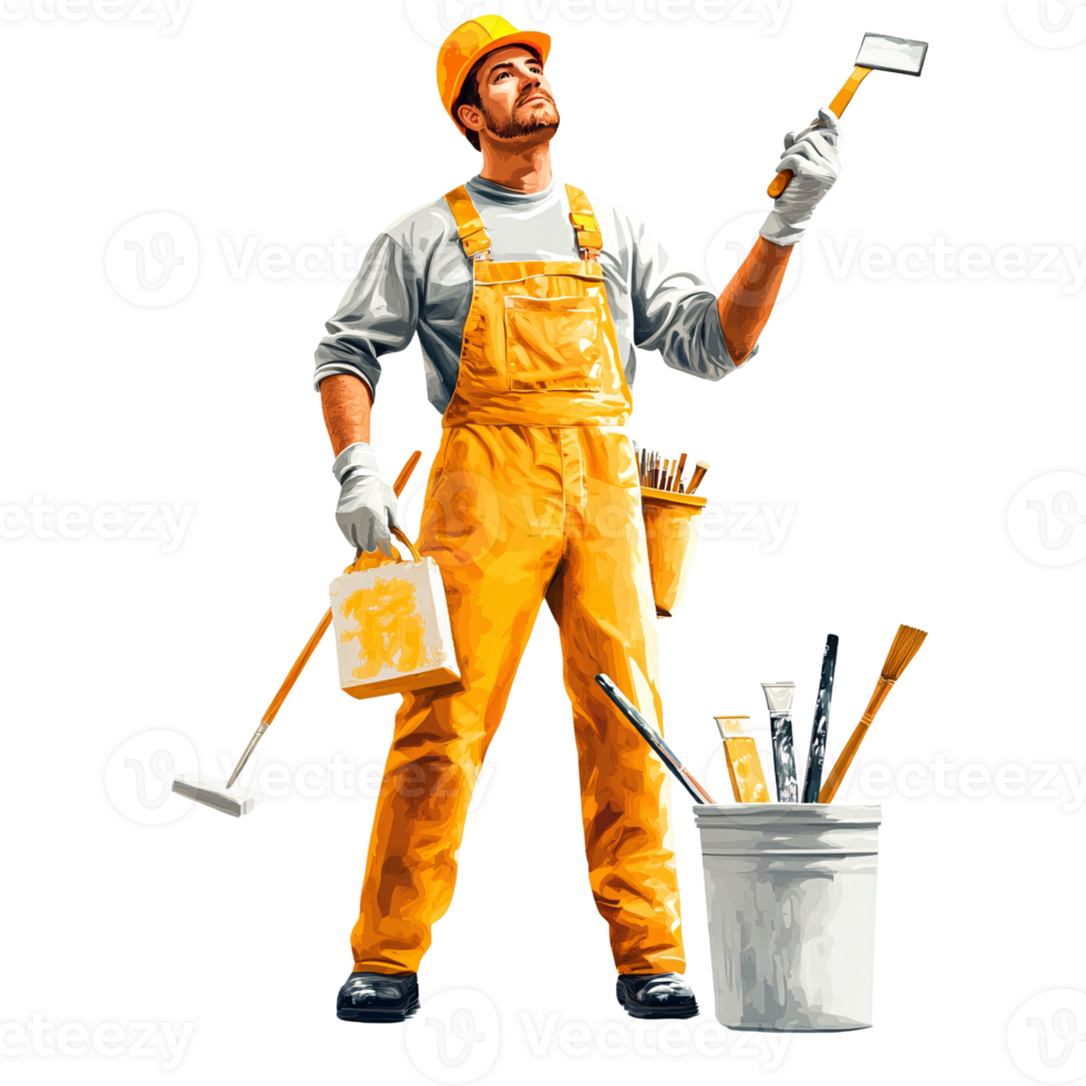 Caucasian adult man in yellow overalls and hard hat holding paint roller, looking up, ready to paint on a transparent background Concept of home improvement and renovation png