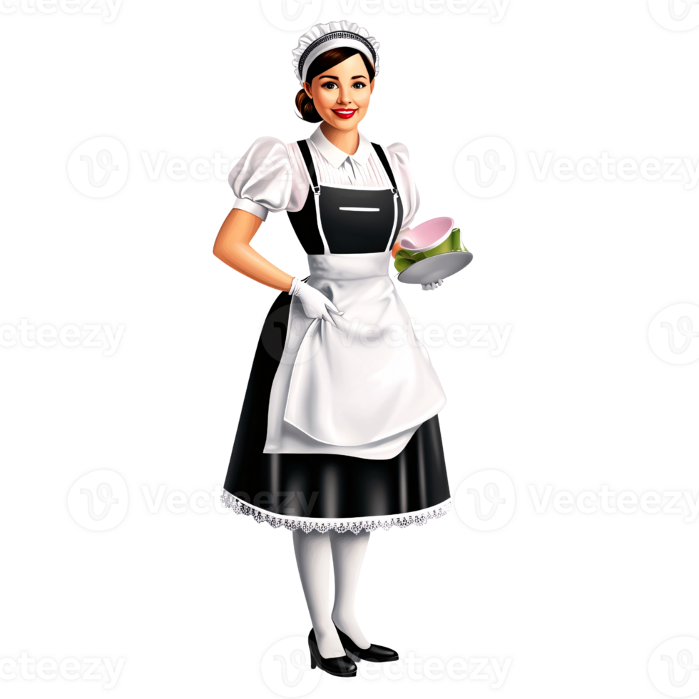 Smiling Caucasian woman in classic maid uniform holding a dessert plate on a transparent background Concept of service, hospitality, and cleanliness png