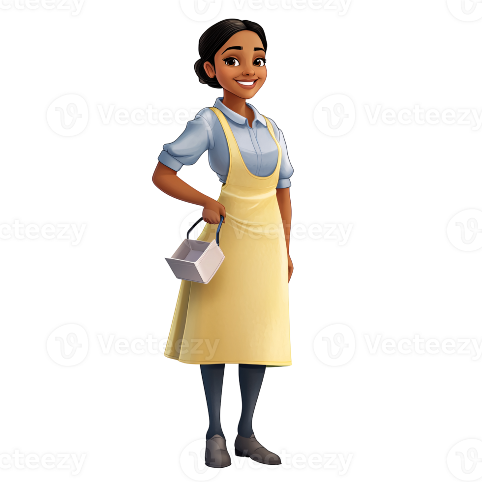 Smiling African American woman in yellow apron holding a bucket on a transparent background Concept of service, hospitality, and vintage charm png
