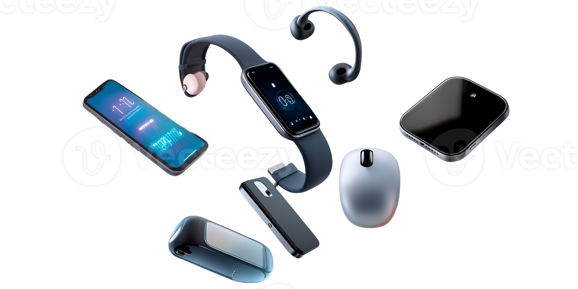Modern technology gadgets including smartwatch, smartphone, wireless mouse, earbuds, and portable SSD on a transparent background Concept of digital lifestyle and connectivity png