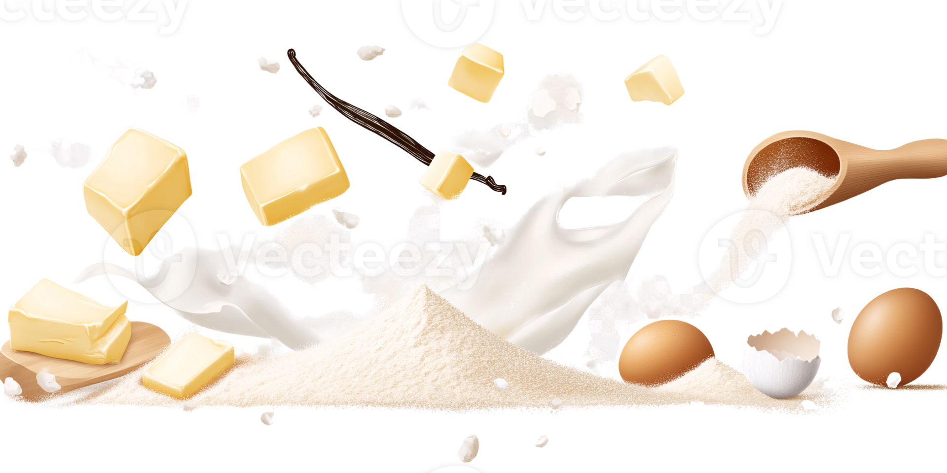 Baking ingredients with flour, butter, eggs, milk splash, and vanilla bean on a transparent background Concept of cooking, recipe, and food preparation png