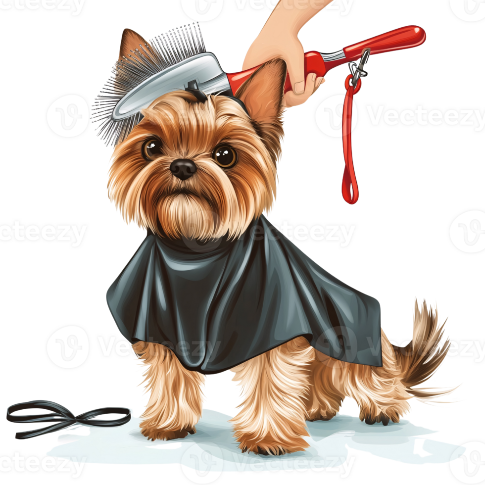 Cute Yorkshire Terrier dog getting groomed with brush and cape in a grooming salon Concept of pet care, animal hygiene, and professional grooming png