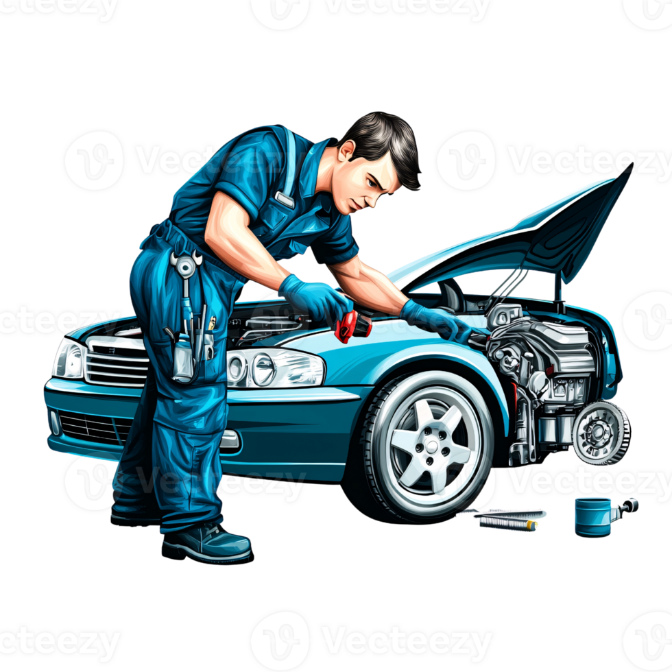 Caucasian adult man mechanic in blue uniform repairing car engine with tools Concept of automotive maintenance, vehicle service, and skilled labor png