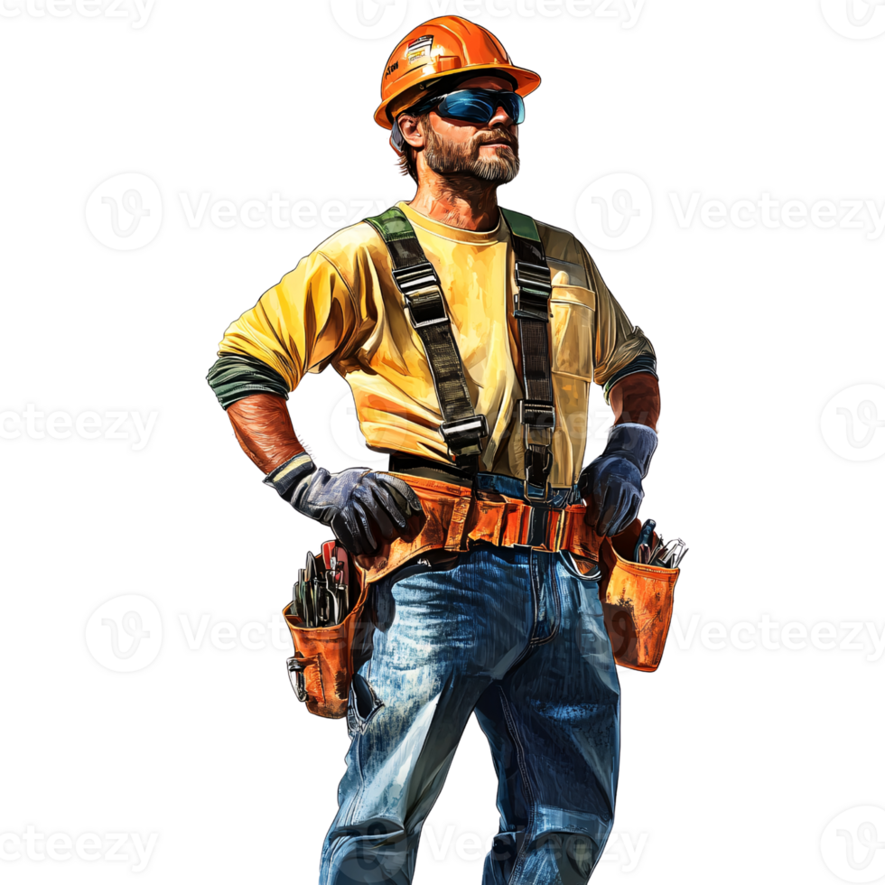 Confident Caucasian man, construction worker, wearing hard hat and tool belt, standing outdoors with hands on hips Concept of skilled labor, safety, and construction industry png