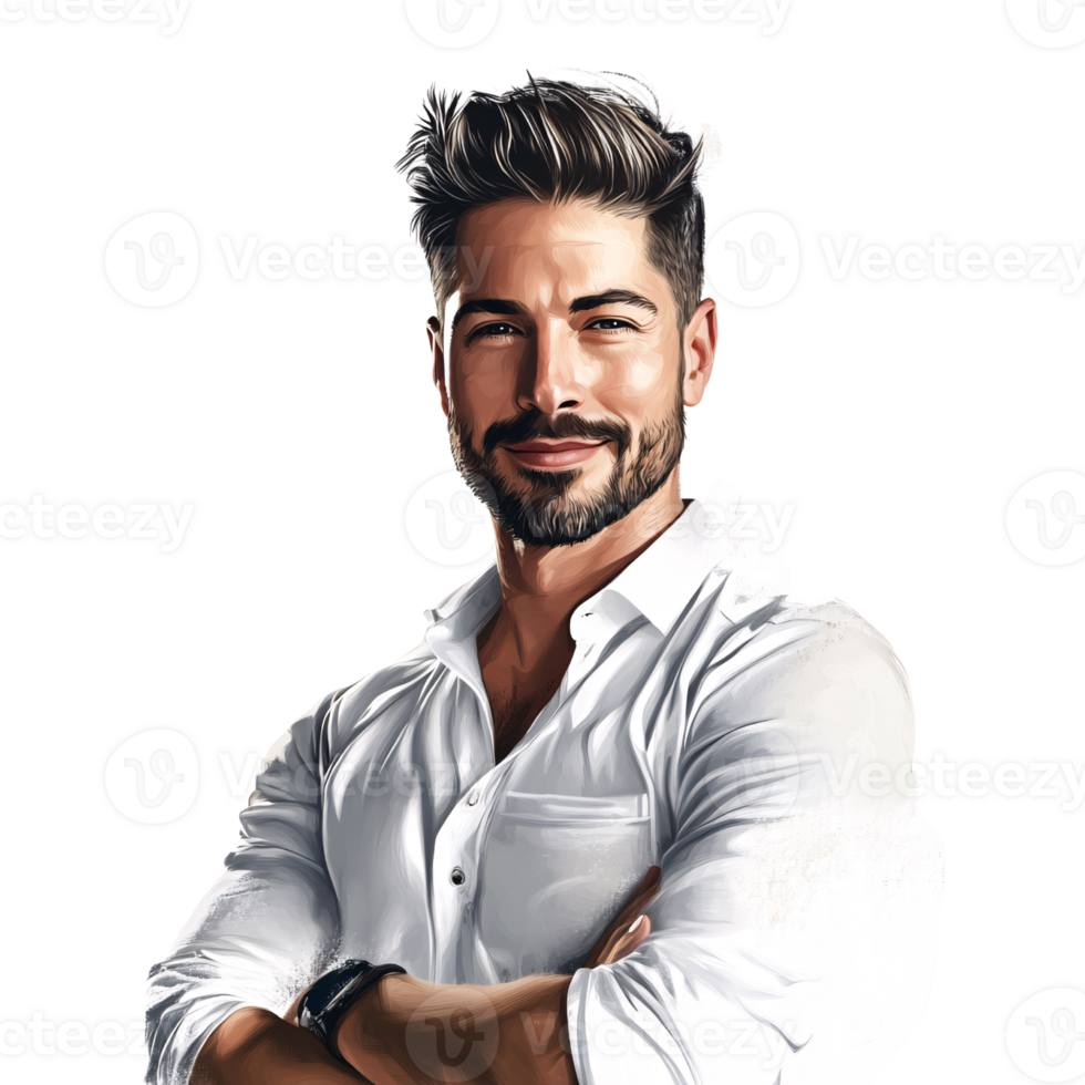 Confident Caucasian man with beard and stylish hair smiling with arms crossed in white shirt on transparent background Concept of success, leadership, and professionalism png