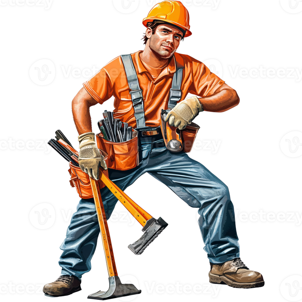 Confident Caucasian man, construction worker, wearing hard hat and tool belt, holding wrecking bar and flashlight Concept of skilled trades, construction, and manual labor png